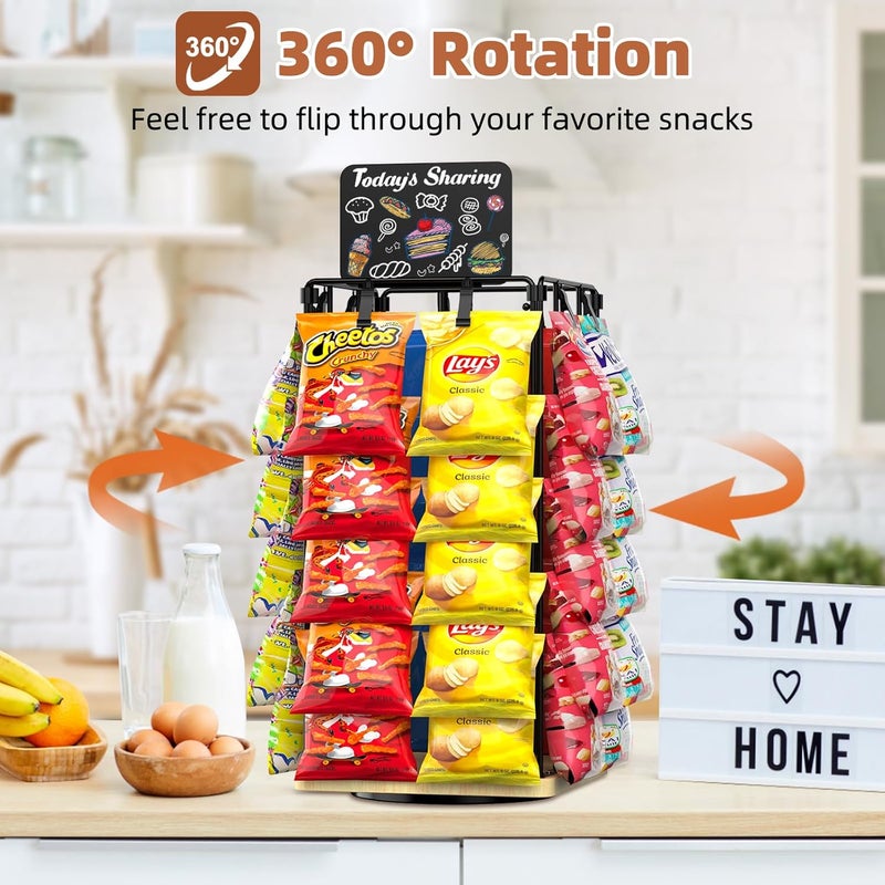 OFUSUY Chip Rack Display Stand, 5 Tiers 40 Clips Display Stand, 360°Rotating Wooden Base Chip Bag Holder for Concession Stand, Snack Organizer for Christmas Party, Retail, with Message Board - Image 2